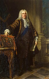 Robert Walpole accepted George II's gift of the house at the back and two Downing Street houses on behalf of the office of the First Lord of the Treasury. Jean-Baptiste van Loo - Robert Walpole.jpg