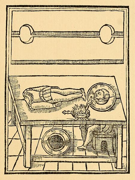 An illustration from Reginald Scot's The Discoverie of Witchcraft (1584), one of the earliest books on magic tricks, explaining how the "Decollation o