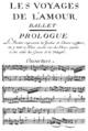English: Joseph Bodin de Boismortier - Les Voyages de l'Amour - first page of the score, Paris 1736