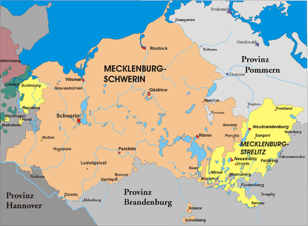 Les duchés de Mecklembourg-Schwerin et de Mecklembourg-Strelitz après le partage de 1701.