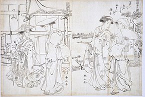 Rare shita-e préservé, de Katsukawa Shunzan, faisant apparaître un repentir de l'artiste (en bas à droite).