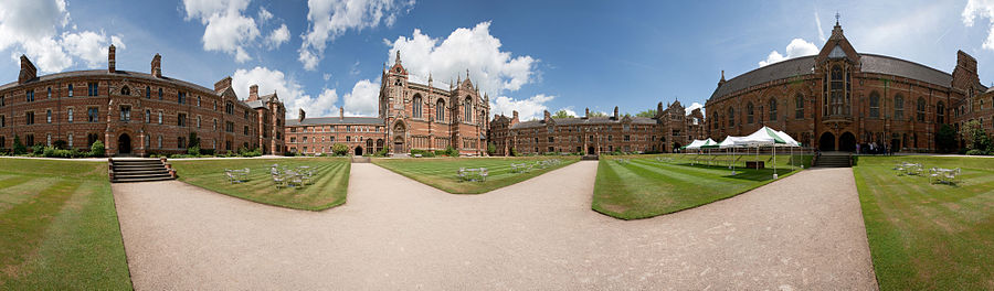 A 360-degree view of the main quadrangle of Keble College. Designed by the 19th-century architect William Butterfield, the buildings have attracted considerable praise and criticism for their use of bricks in various colours and patterns, in contrast to the older stone-clad colleges elsewhere in the city.
