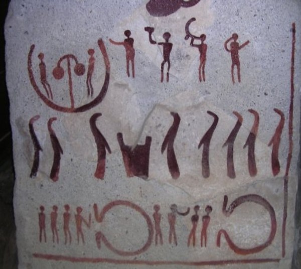 Depiction of ancient rituals on a Nordic Bronze Age stone slab from The King's Grave in southern Sweden. In his trifunctional hypothesis, Dumézil sugg