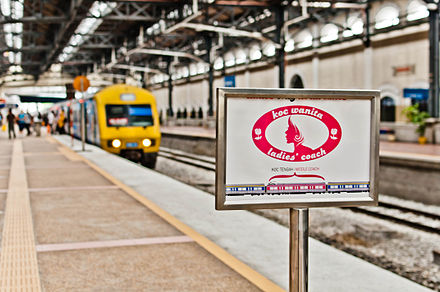 A sign in the Kuala Lumpur commuter railroad station indicates the area for loading the "Ladies Coach" ("koc wanita" in Bahasa Malay)