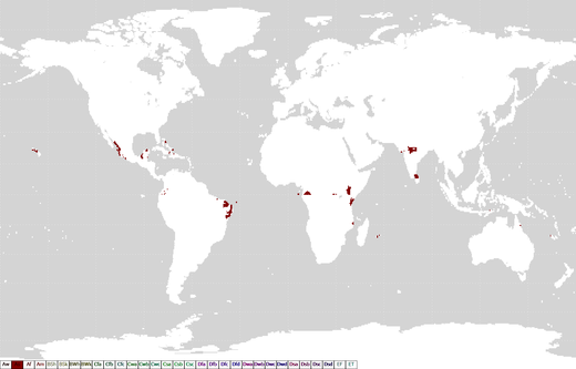 Schematische kaart van gebieden met een tropisch savanneklimaat met droge zomer (As)