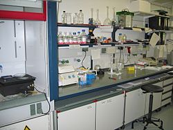 Zdjęcie. Taboret laboratoryjny przed błyszczącym blatem na którym znajduje się szkło laboratoryjne, substancje chemiczne oraz przyrządy laboratoryjne