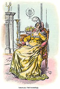 Gravure colorisée. Une femme imposante pérore, assise dans un fauteuil