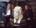 Thumbnail for File:Las Vegas superstar illusionists Siegfried (right) and Roy (and a large feline friend) at their MIrage Hotel apartment, prior to Roy's nearly fatal encounter with a white tiger on stage during one of LCCN2011634012.tif