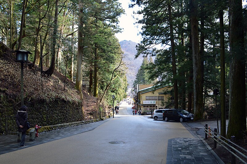 File:Looking down a street out of the forest, Nikko, 2016.jpg