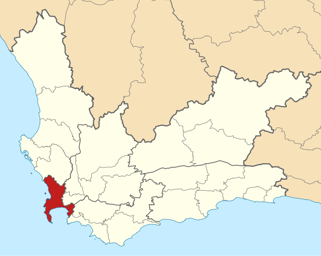 Kaart van Suid-Afrika wat Stad Kaapstad in Wes-Kaap aandui