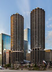 Image 25Marina City is a mixed-use residential-commercial building complex in downtown Chicago. The complex, designed by Bertrand Goldberg and completed in 1964, consists of two corncob-shaped 179 m, 65-story towers. Photo credit: Diego Delso (from Portal:Illinois/Selected picture)