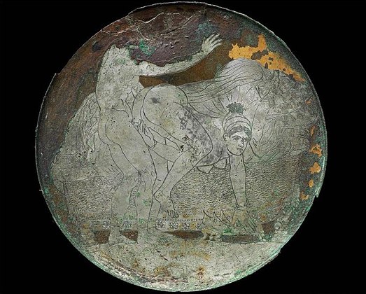 Inner casing of box mirror container with an engraving on a silvered surface. Ancient Greek. Museum of Fine Arts, Boston. circa 340 - 320 BCE