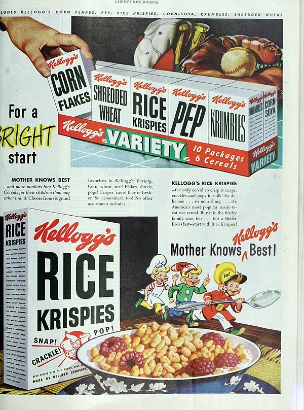 Rice Krispies displayed with other Kellogg's products in a 1948 ad