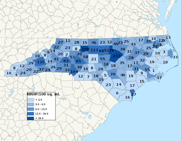 Distribuição de NRHPs nos condados da Carolina do Norte.