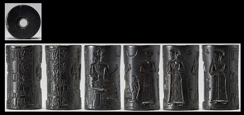 File:Near Eastern - Cylinder Seal with Seated Crowned Goddess and Two Men - Walters 42795 - View A.jpg