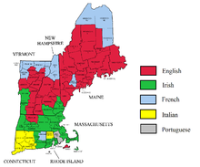 Largest self-reported ancestry groups in New England. Americans of Irish descent form a plurality in most of Massachusetts, while Americans of English descent form a plurality in much of the central parts of Vermont and New Hampshire as well as nearly all of Maine. New England ancestry by county - updated.png