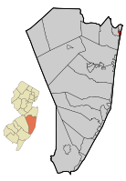 Map of Bay Head in Ocean County. Inset: Location of Ocean County highlighted in the State of New Jersey.