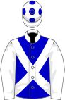 Blue, white sleeves, collar and cross-belts, white cap, blue spots