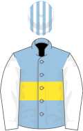 Light blue, yellow hoop, white sleeves, light blue and white striped cap