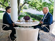 President Moon Jae-in and U.S. President Joe Biden having lunch on 21 May 2021, on the Oval Office Patio of the White House President Joe Biden and President Moon Jae-in.jpg