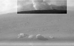 Mars 2020 Skycrane descend stage crash smoke plume in the distance PIA24425-MarsPerseveranceRover-SmokePlumeFromDescentStageAfterLanding-20210218.jpg