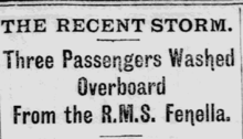 Headline in the Mona's Herald, Wednesday 11 January 1899, concerning the loss of three passengers from the RMS Fenella. Passengers lost off Fenella..png