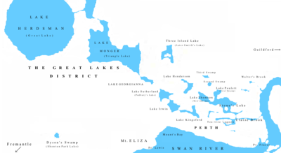 A reconstructed map of the Perth Wetlands circa 1830, based on John Septimus Roe's map of 1834. Perth Wetlands Map1.png