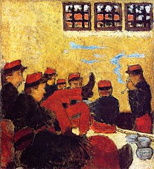 A Barracks Scene by Pierre Bonnard (probably about 1890). His first Nabi painting, a souvenir of his brief military service Pierre Bonnard A Barracks Scene.jpg