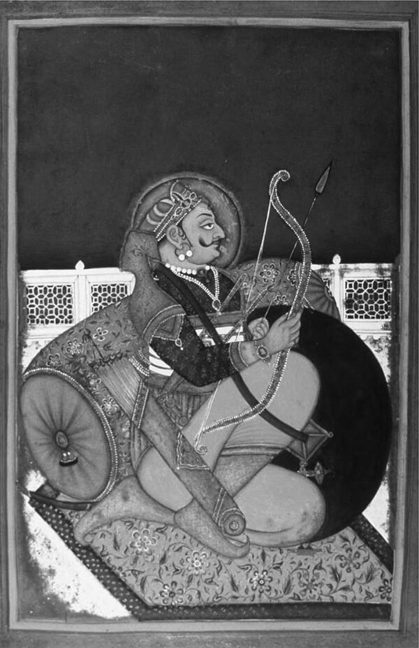 Posthumous painting depicting Prithviraj Chauhan seated on a terrace leaning against a bolster from Kota