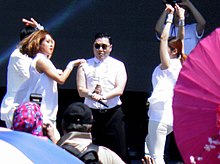 Psy performing Gangnam Style during a Barisan Nasional (BN) rally at Han Chiang College in George Town on 11 February 2013. Psy performing Gangnam Style in George Town, Penang in 2013.jpg