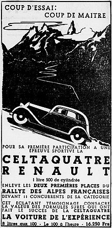 Afiș publicitar care înalță meritele Renault Celtaquatre susținut de victoria în raliul Alpilor francezi din 1934.