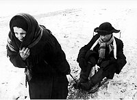 „Hladoví lidé.“ Babička veze hladového teenagera na saních. Leningrad během blokády. Rusko, Leningrad, 1. února 1942.