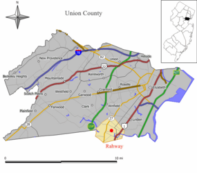 Location of Rahway in Union County, New Jersey (left). Inset map: Location of Union County in New Jersey.