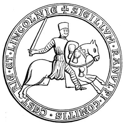 SIGILLUM RANULFI COMITIS CESTRIE ET LINCOLNIE ("Seal of Ranulf Count of Chester and of Lincoln"). His arms of a "garb of wheat" are visible on his shi