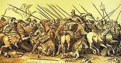 Reconstruction of the mosaic depiction of the Battle of Issus after a painting by Apelles found in the House of the Faun at Pompeii (published 1893).jpg