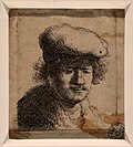 Thumbnail for File:Rembrandt van rijn, autoritratto con berretto e baffi, 1631 ca., acquaforte, puntasecca e bulino, X stato (gdsu).jpg
