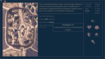 A screenshot of the game's interface, which is split into three sections: an illustration on the left, dialogue and choices in the center, and actions and stats on the right Roadwarden in-game screenshot.png
