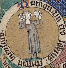 Detail of an illumination from the 14th-century De Lisle Psalter, BL Arundel MS 83, f.126v. It depicts a young man using a comb and a hand mirror of the kind Dafydd describes in this poem. Robert de Lisle Psalter illumination.jpg