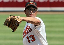 Rodrigo Lopez made three Opening Day starts for the Orioles in 2003, 2005 and 2006. Rodrigo Lopez by Keith Allison.jpg