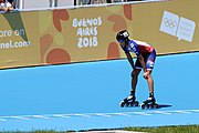 Deutsch: Badminton bei den Olympischen Jugendspielen 2018; Tag 2, 8. Oktober 2018; Viertelfinale Jungen Lauf 2 English: Roller speed skating at the 2018 Summer Youth Olympics; day 2, 8 October 2018 – Boys Quarterfinals run 2