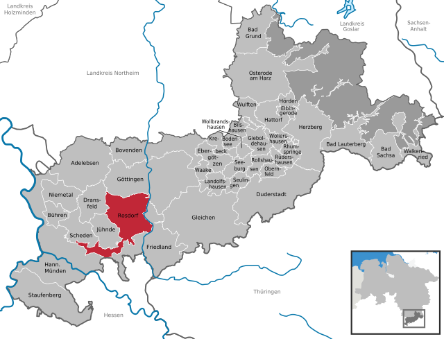 Läget för kommunen Rosdorf, Niedersachsen i Landkreis Göttingen