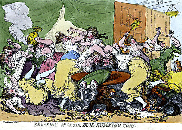 Satiric drawing by Thomas Rowlandson (1756–1827), "Breaking Up of the Blue Stocking Club" (1815)