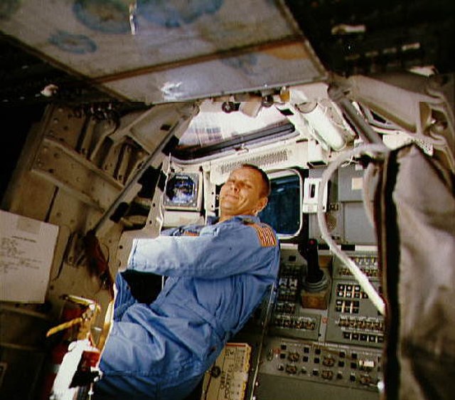 Overmyer on the flight deck of Space Shuttle Columbia during the STS-5 mission