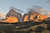 Sunset on the Seiser Alm, with the mountains of the Langkofel group in the background