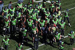 Seahawks players wearing green jerseys in 2009. Seattle Seahawks 2009 players.jpg
