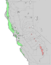 Mapa zobrazující distribuci Sequoia (pohoří Sierra Nevada ve východní Kalifornii) a Sequiodendron