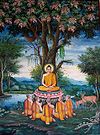 Sang Buddha memberi pelajaran tentang dharma kepada lima pertapa di Taman Rusa.