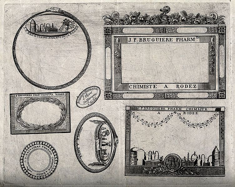 File:Seven different designs for labels for a French pharmacist, Wellcome V0010827.jpg