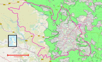 Green belt area in Sheffield and environs. The Peak District National Park boundary is the western extent of the green belt.
.mw-parser-output .legend{page-break-inside:avoid;break-inside:avoid-column}.mw-parser-output .legend-color{display:inline-block;min-width:1.25em;height:1.25em;line-height:1.25;margin:1px 0;text-align:center;border:1px solid black;background-color:transparent;color:black}.mw-parser-output .legend-text{}
South and West Yorkshire Green Belt
City of Sheffield district border Sheffield-Green-Belt.svg