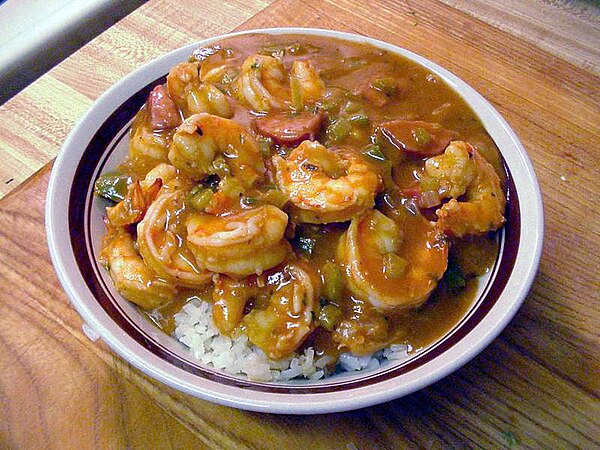 Gumbo, the state dish of Louisiana, prepared with seafood in a Cajun style.